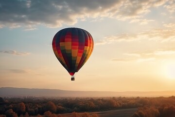 Obraz premium Traveling Horizons. Colorful Hot Air Balloon against a Sky Background. Generative AI illustrations.