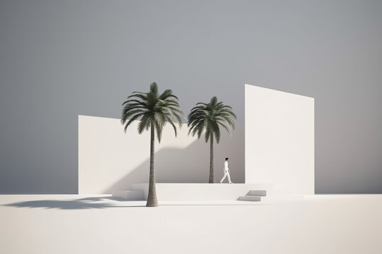 a person positioned such that they are facing two palm trees. Generative AI