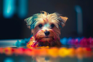 Funny puppy sitting in bathtub waiting for grooming. Banner for pet shop, grooming salon. Generative AI