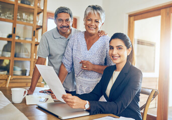 Portrait, budget and senior couple with financial advisor bills, paperwork and documents for...