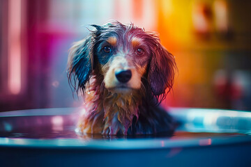 Funny puppy sitting in bathtub waiting for grooming. Banner for pet shop, grooming salon. Generative AI