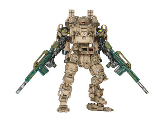 piloted combat sci-fi armor mech unit painted out in coyote tan is holding weapons and also ready for war