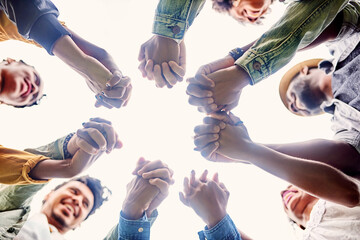 Friends, support and people holding hands in circle for motivation, community and friendship...