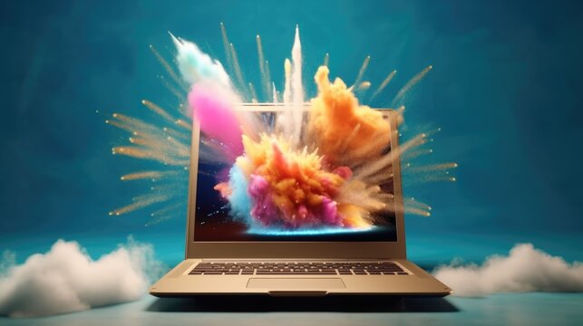 laptop with colorful smoke coming out of it, ai generative