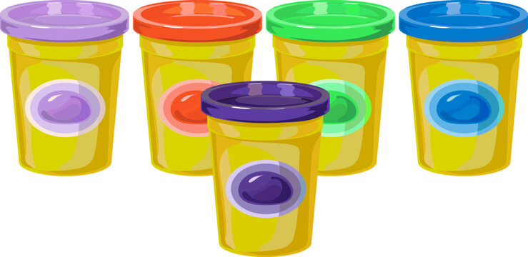 Yellow boxes with plasticine, plastic cup with lid, many colors, stand in a row. Vector