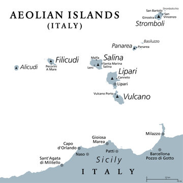 Aeolian Islands, gray political map. Volcanic archipelago in the Tyrrhenian Sea north of Sicily, Italy. Also called Lipari Islands. Lipari, Vulcano, Salina, Stromboli, Filicudi, Alicudi and Panarea.