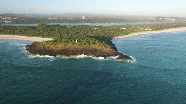 Aerial view showing the entire Fingal head coast line from Dreamtime beach to Fingal beach.