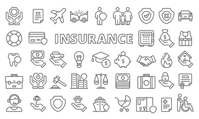 Obraz na płótnie Canvas Set of insurance black icons in line design. insurance vector flat illustrations. Auto, health, Life, Home, Travel, Business, Property, Insurance quotes, icons isolated on while background vector.