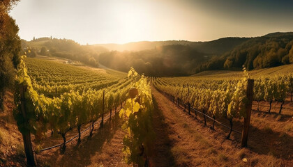 Fototapeta na wymiar Sunset over vineyard, winery harvests autumn grapes generated by AI