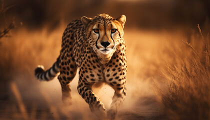 Majestic cheetah walking in tranquil African savannah generated by AI