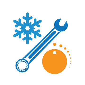 Iconos de nna llave inglesa, una perilla de aparato y un s&iacute;mbolo de hielo. Vector