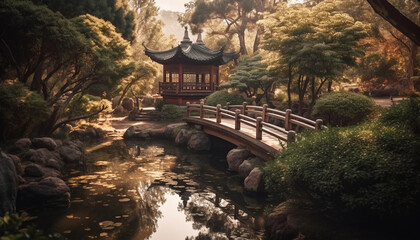 Ancient pagoda reflects tranquil sunset over water generated by AI