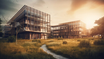 Obraz premium Futuristic skyscraper reflects city life at dusk generated by AI