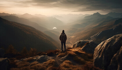 One person hiking mountain peak at sunrise generated by AI