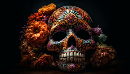 Spooky decoration human skull, flower, and leaf generated by AI