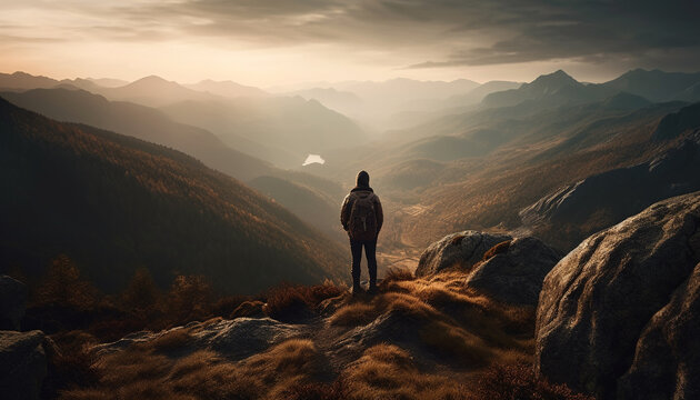 One person hiking mountain peak at sunrise generated by AI