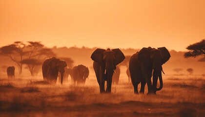 African elephant herd grazing in tranquil savannah generated by AI