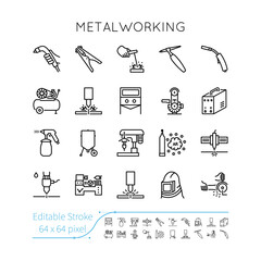 Metalworking Icon Set. Editable vector stroke. Welding, Sharpening, Grinding, Drilling, Cutting, Sandblasting, Grooving, Cleaning, Plasma, Laser, Grinder, Hydro, Compressor, Gas.