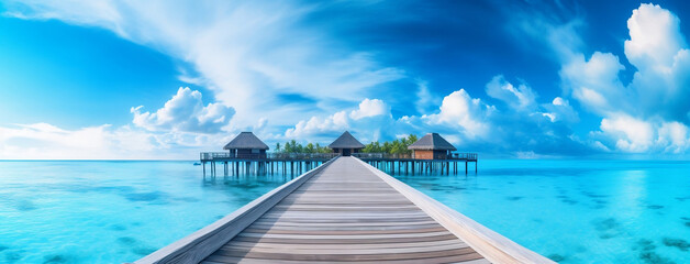 Panoramic tropical getaway with wooden pier to paradise, generative AI