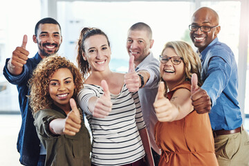 Yes, thumbs up portrait and business people with diversity, winner and thank you like sign of...
