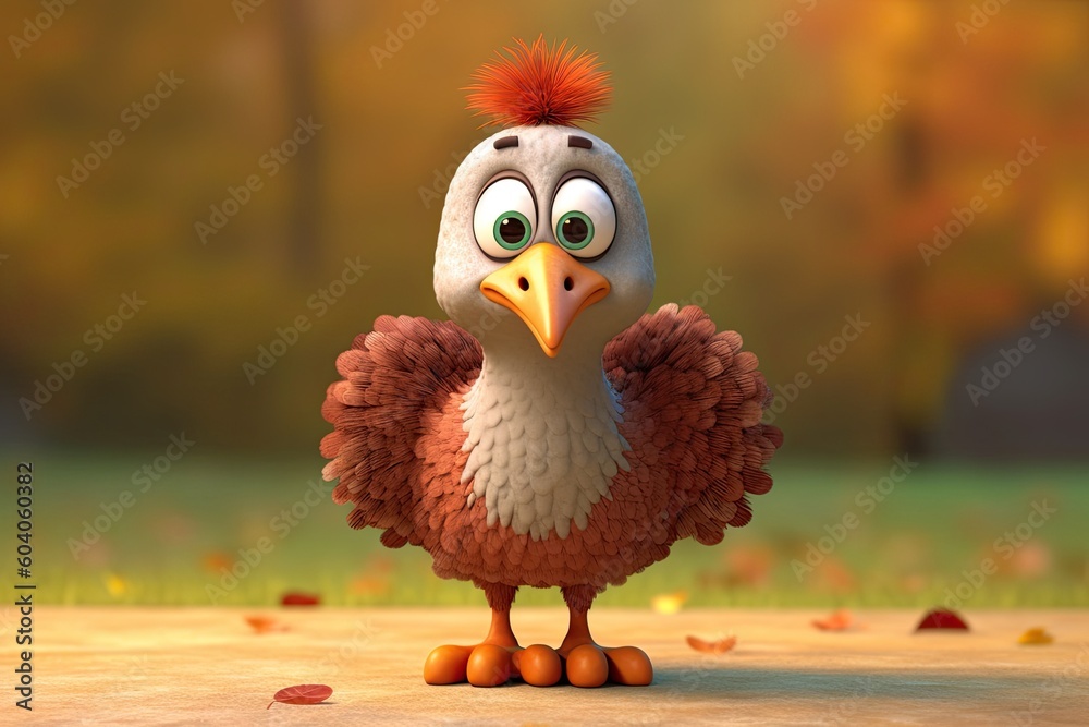 Canvas Prints Cute Cartoon Turkey on a Fall Background (Generative AI)