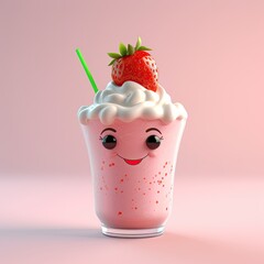 Obraz na płótnie Canvas Cute Cartoon Strawberry Milkshake Character (Generative AI)