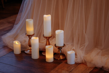 Candles and flowers as decorations in the evening. High quality photo