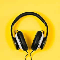 Fototapeta na wymiar Headphones on yellow background. Audio accessory concept. generative ai.