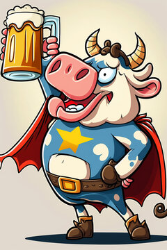 Cartoon cow superhero holding beer. Generative ai