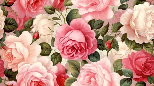 Seamless blooming flowers pattern in oil paint style