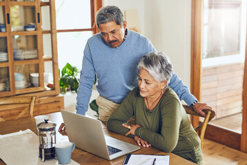 Finance, budget and senior couple on laptop with bills, paperwork and documents for life insurance. Retirement, pension and elderly man and woman on computer for mortgage payment, investment and tax