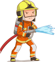  Cartoon character of fireman spraying a water hose.