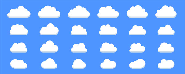 Fototapeta premium Set of cartoon clouds. Clouds with flat bottom collections in flat style isolated on blue background.