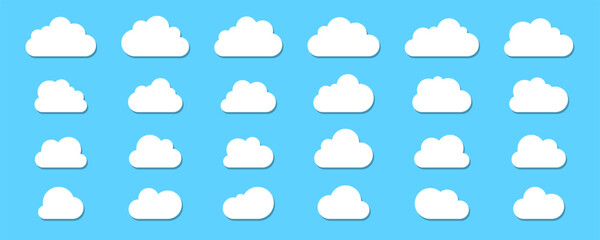 Set of clouds with shadow. Clouds with flat bottom collections in flat style isolated on blue background.