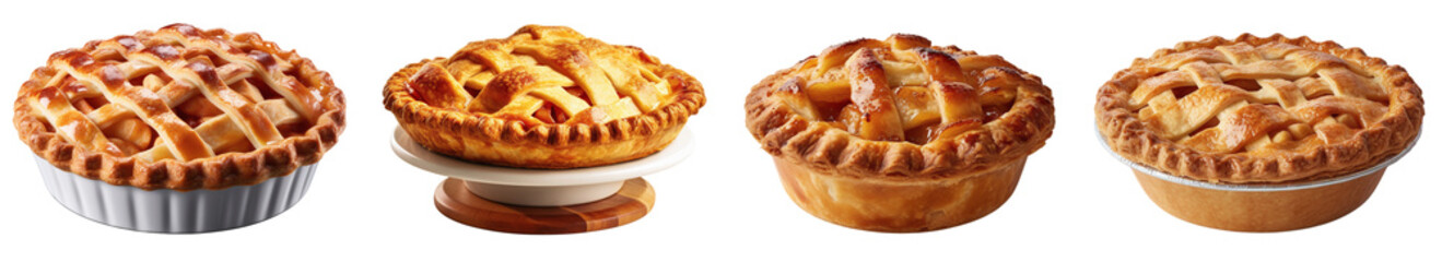 A collection of four apple pies on a transparent background, Generative AI