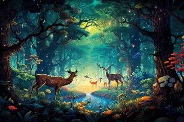 Anime animals and imaginary creatures at night in enchanted forest from old folk tales © David