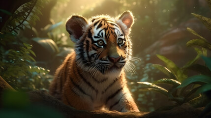 Fototapeta premium Cute Little Tiger cubs relax in the jungle in the morning of sunny day with bright sun light. Generative AI
