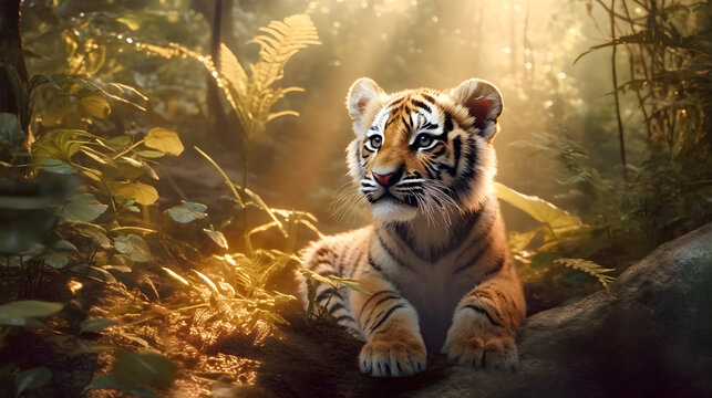 Cute Little Tiger cubs relax in the jungle in the morning of sunny day with bright sun light. Generative AI