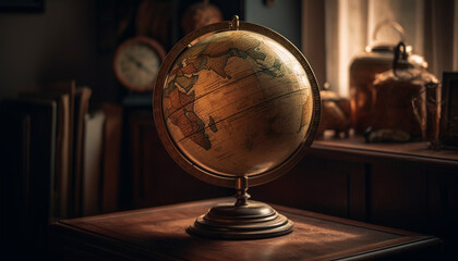 Fototapeta na wymiar Antique globe on wooden desk for studying geography generated by AI