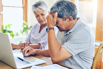 Finance, stress and senior couple with worry for bills, debt paperwork and documents for pension....