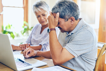 Finance, stress and senior couple with worry for bills, debt paperwork and documents for pension. Retirement, anxiety and elderly man and woman on laptop for mortgage payment, investment and budget