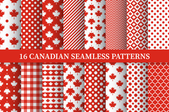Canada Day seamless patterns set of 16.  Canadian red maple leaves backgrounds bundle. Vector template for fabric, textile, wallpaper, wrapping paper, etc