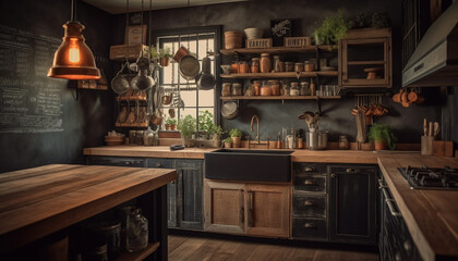 Fototapeta na wymiar Modern kitchen island with rustic hardwood flooring generated by AI