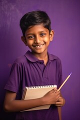 smiling young Indian boy holding note pad and pencil isolated on purple wall generative ai
