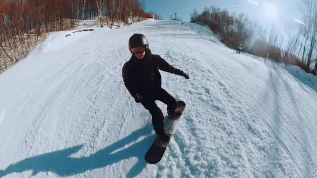 The guy is a snowboarder riding down the mountain, shooting a snowboarder on a 360 camera, snowboarding