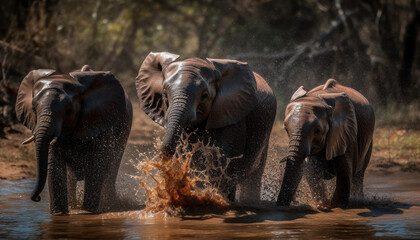 Large African elephant herd walking through wet forest generated by AI