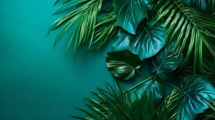 Fototapeta na wymiar Green wallpaper with a tropical leaf pattern. Created with Generative AI tools.