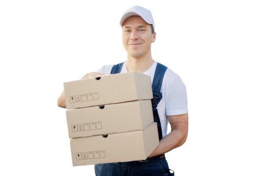 Courier delivery of the order of a box with food courier company, transparent background, png.