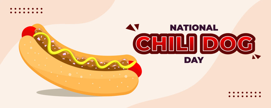 National Chili Dog Day on 27 July Banner Background. Hot Dog With Meat, Onion, Chili Sauce, and Mustard. Horizontal Banner Template Design. Vector Illustration