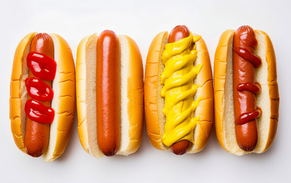 Hot dogs with ketchup and mustard isolated on white background. Top view, flat lay. Generative Ai image